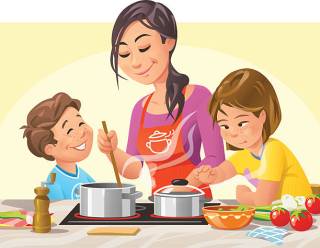 Mother and two children cooking and preparing a meal in the kitchen together.