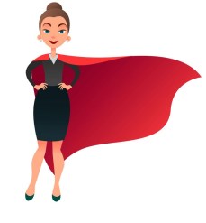 Woman superhero cartoon character. Wonder woman with cape of superman. Confident business lady focused on success. Flat beautiful female super hero.